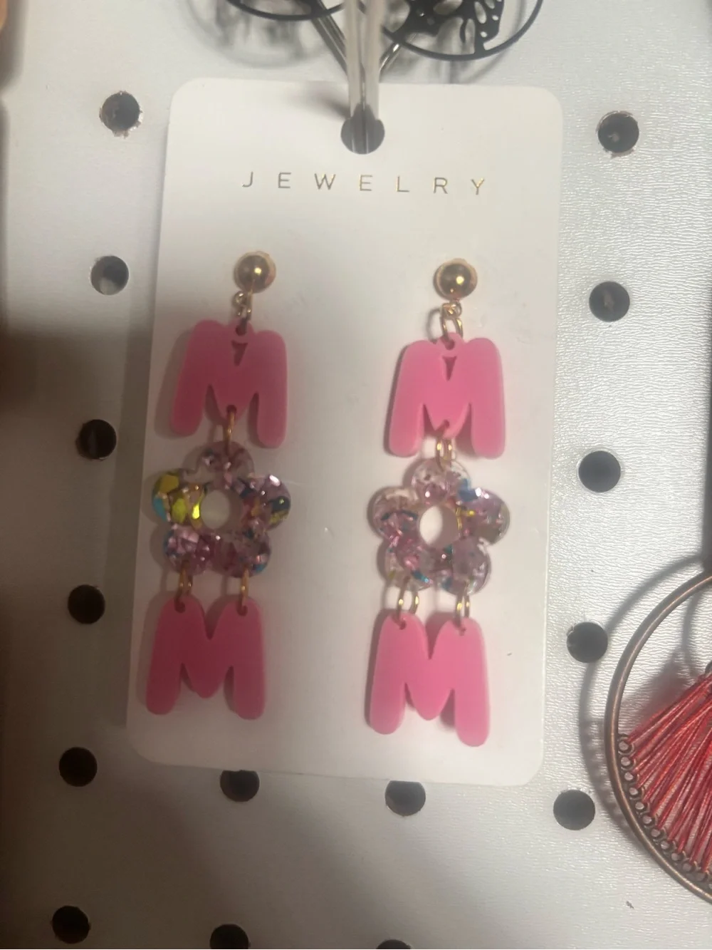 Pink MOM Dangle Earrings with Crystal Flower Accent
